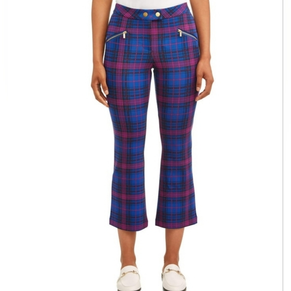 NWT Time & True Plaid Flare Ponte Pant Blue & Pink Ankle Pants Womens Size 16 - Picture 2 of 13